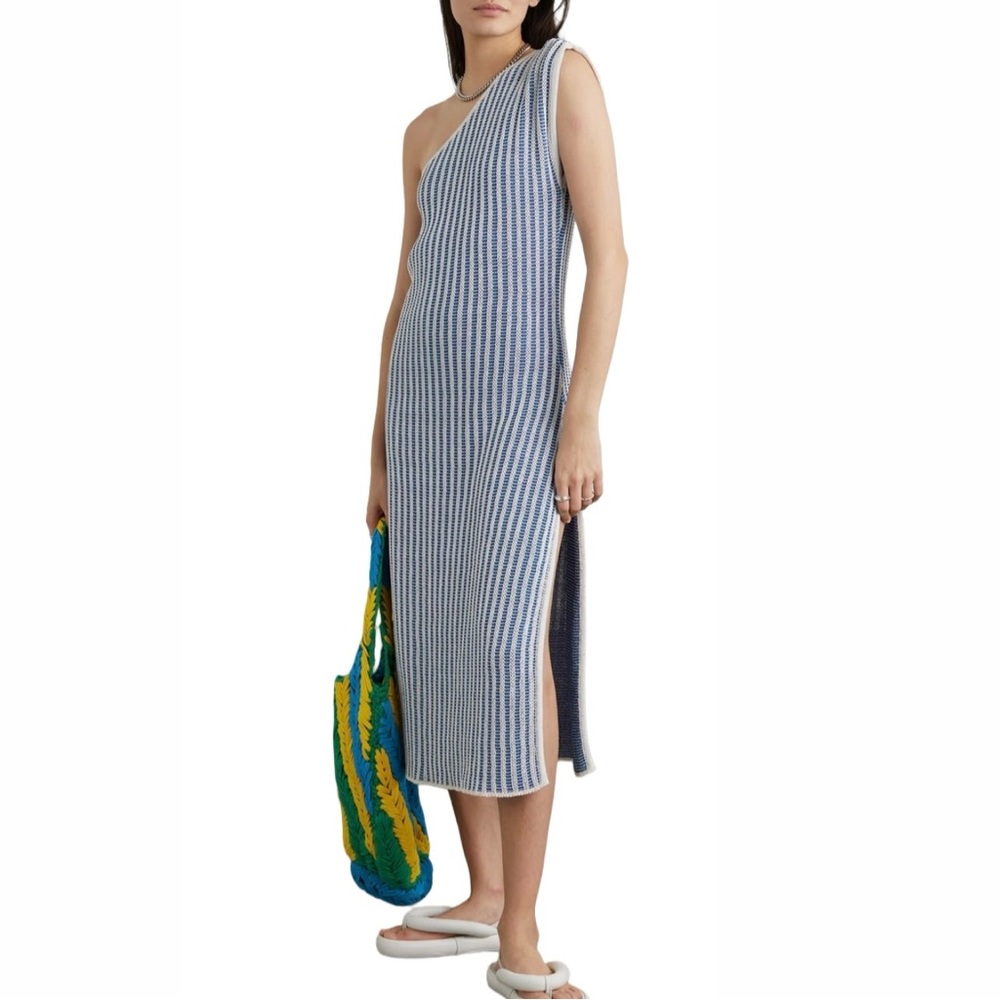 La Double J One-Shoulder Crochet-Knit Cotton-Blend Midi Dress - Blue